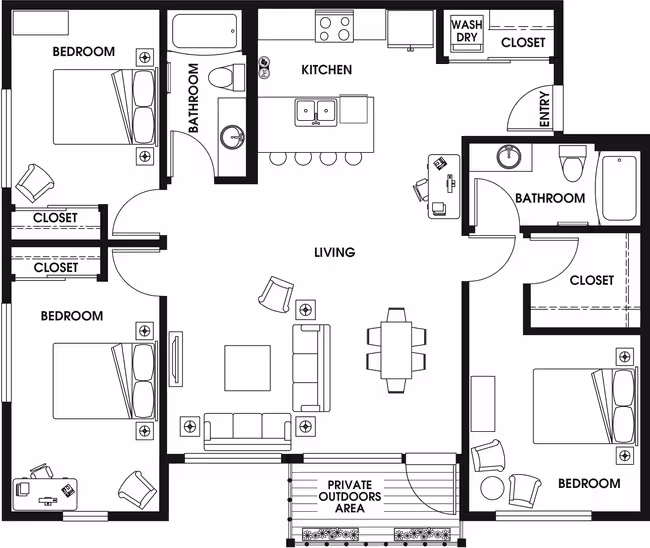 3 Bed 2 Bath floor plan